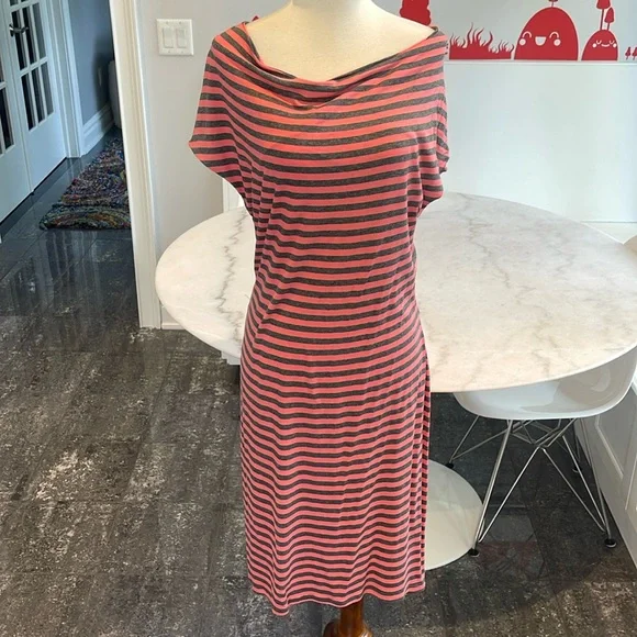 ELLA MOSS COWL NECK CAP SLEEVE CORAL AND GRAY STRIPE DRESS. L - Picture 1 of 7